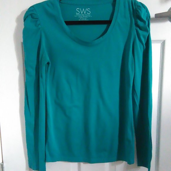 Teal Blue Ruched Puff Sleeve Top - Picture 8 of 9
